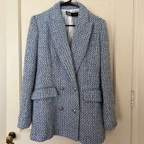 Zara Textured Double-breasted Blazer Blue White 8741/725 - large - Picture 2 of 11